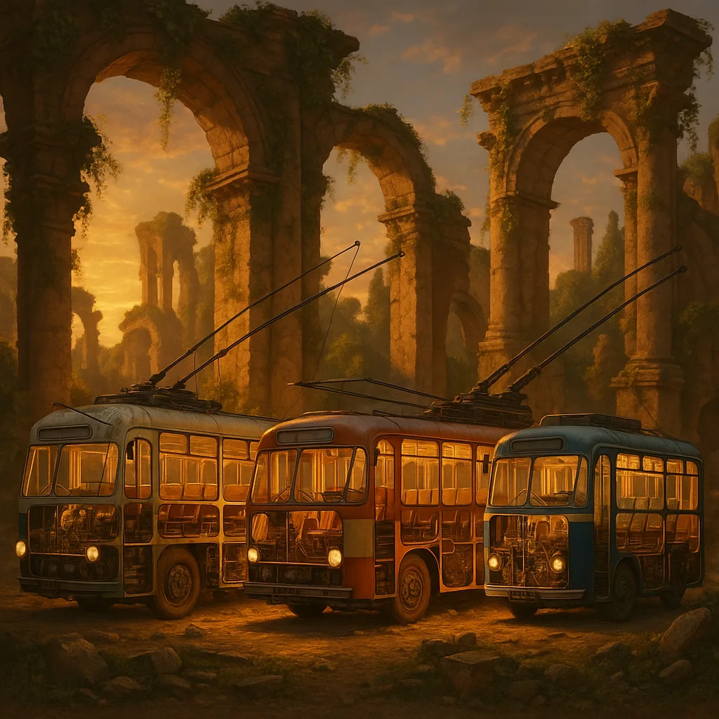 Three Diverse Trolleybuses in Exploded Cross-section