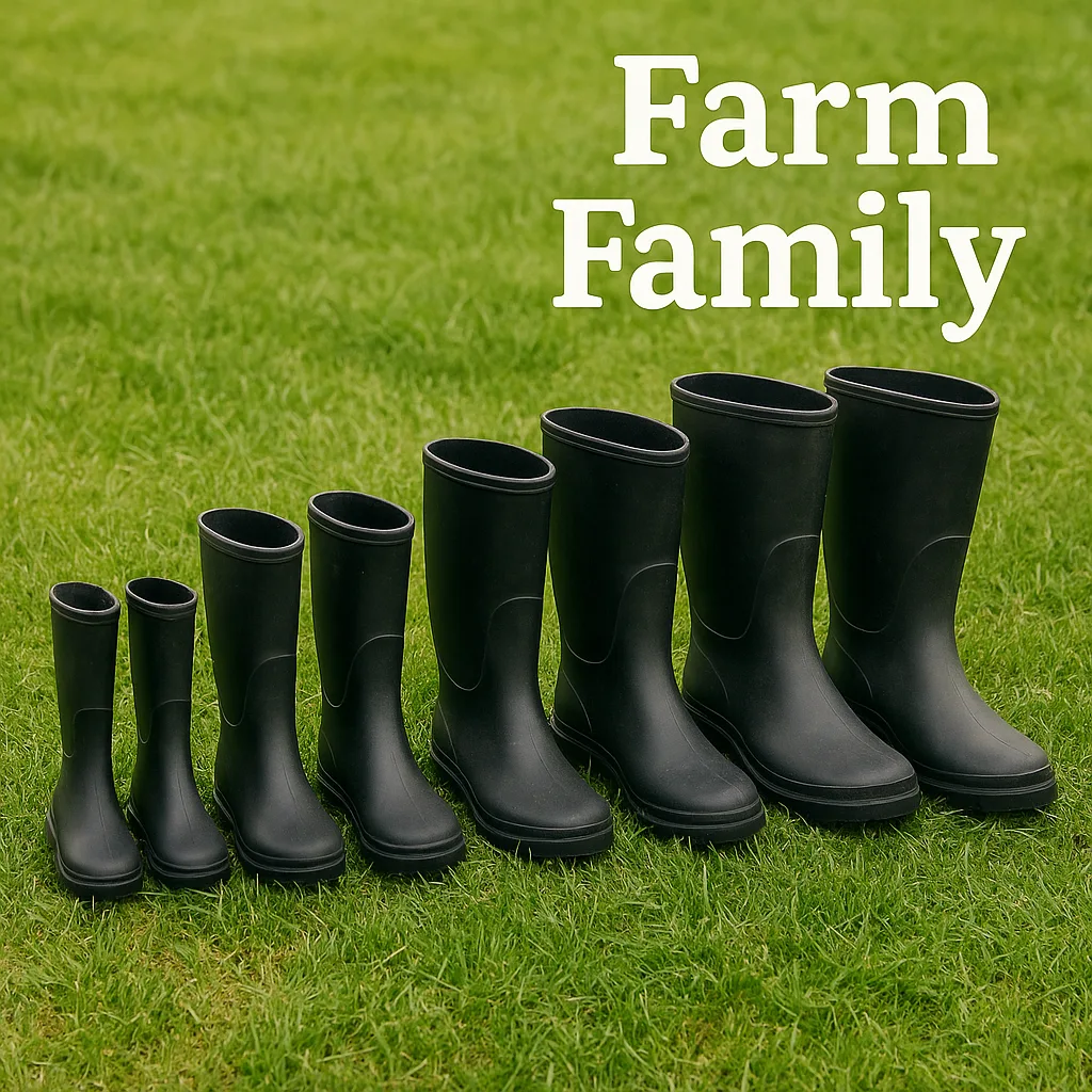 Six Black Rubber Boots Lined Up on Green Grass