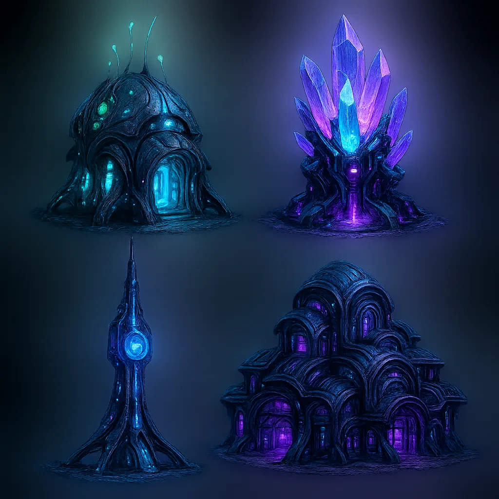 Showcasing Different Alien-inspired Structures for My Futuristic Colony-building Game