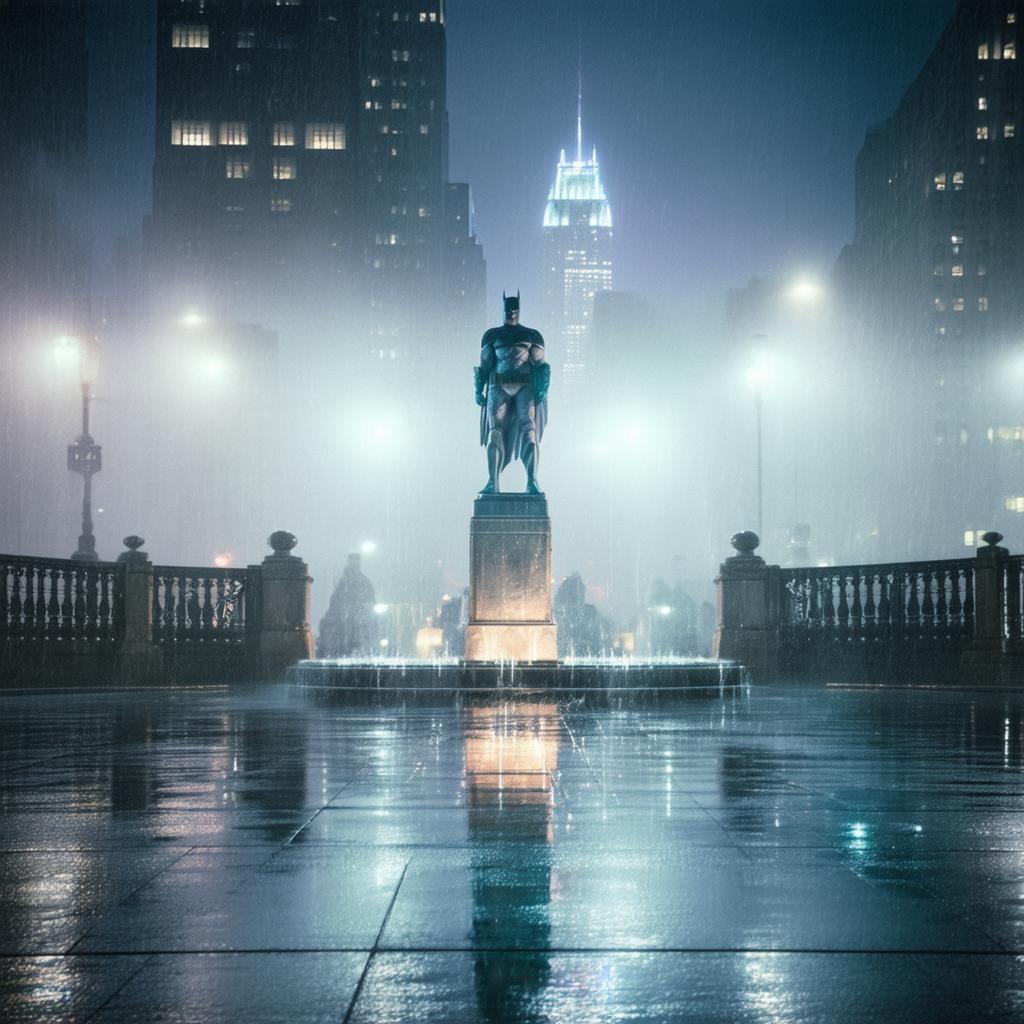 Misty Gotham Statue on Wet Night Pavement