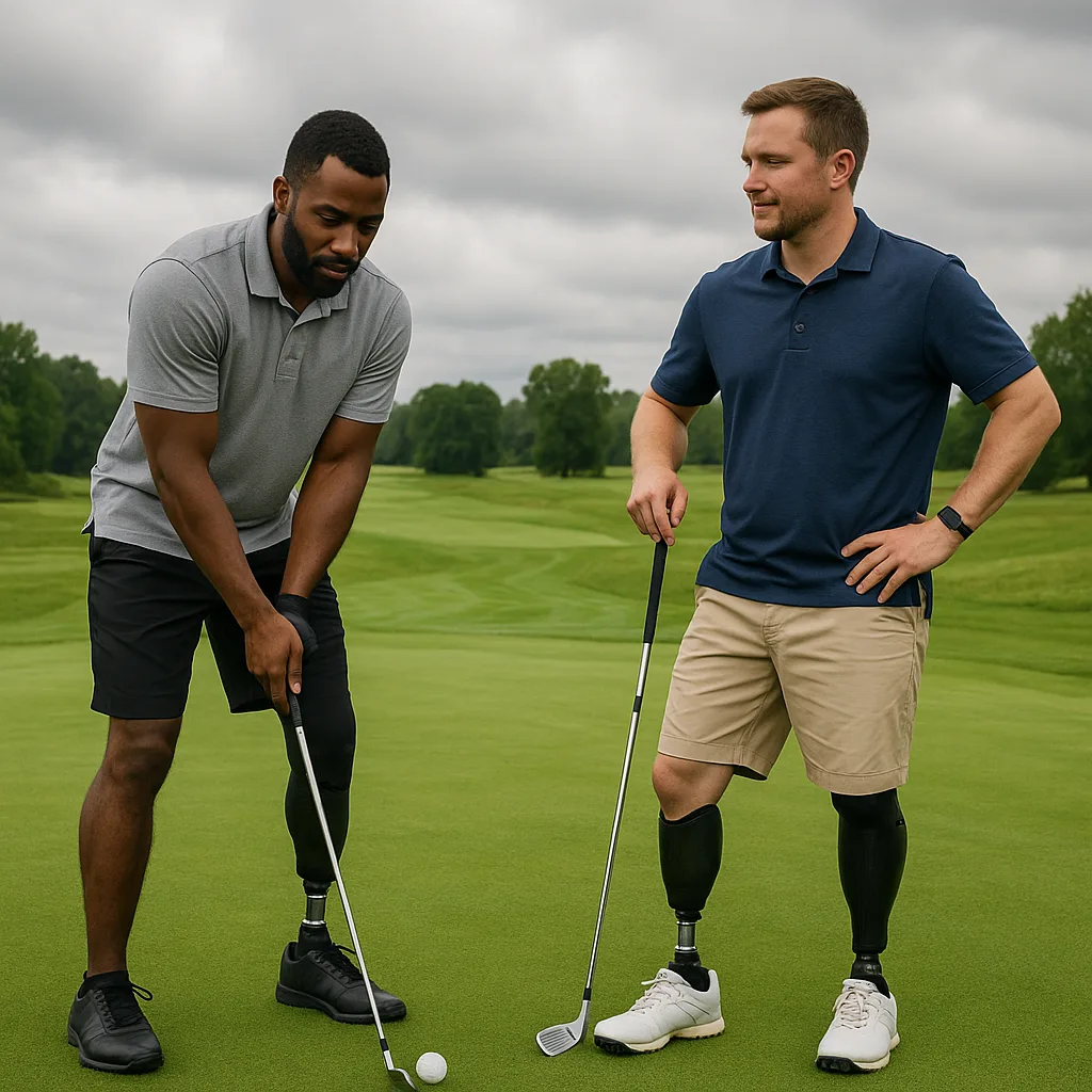 Two Men with Prosthetic Legs Are Preparing to Play Golf
