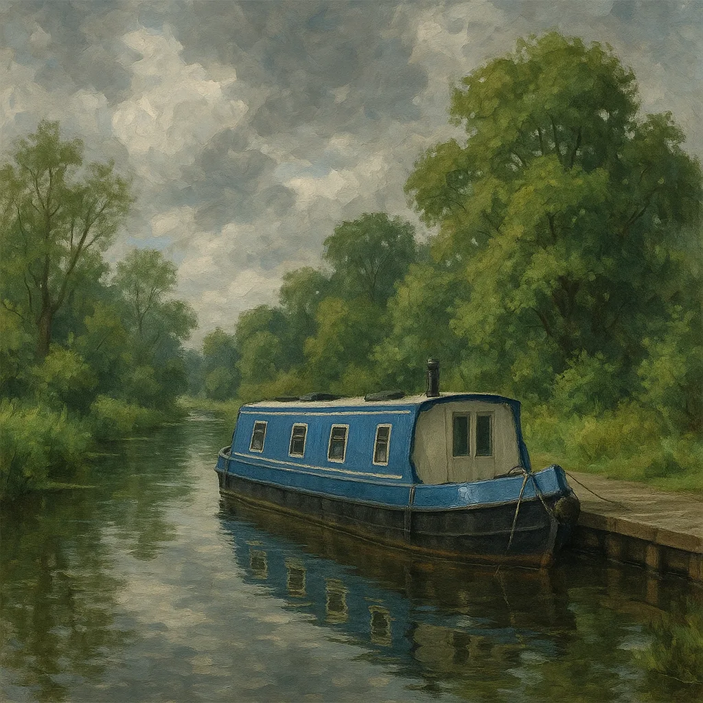 Canal Scene with a Docked Blue and White Boat