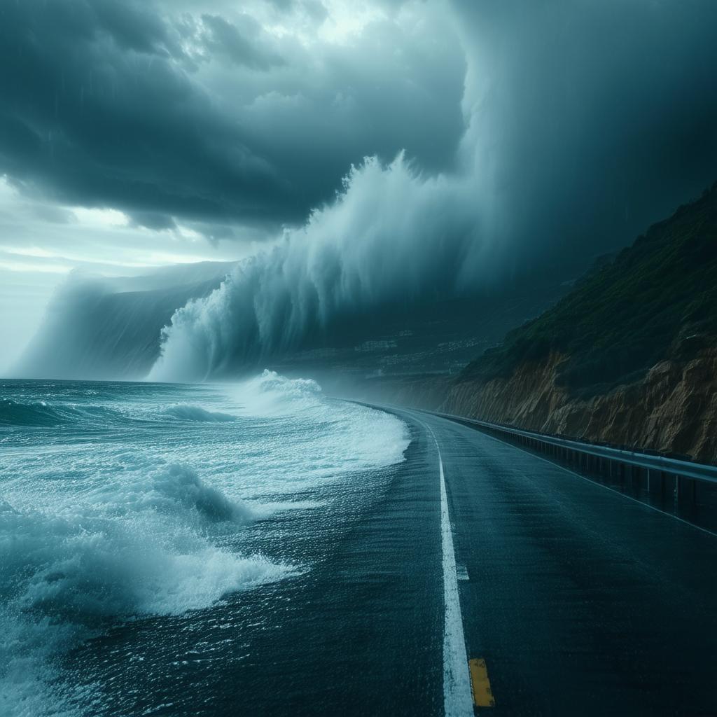 Menacing Tidal Wave Looms Over Coastal Road