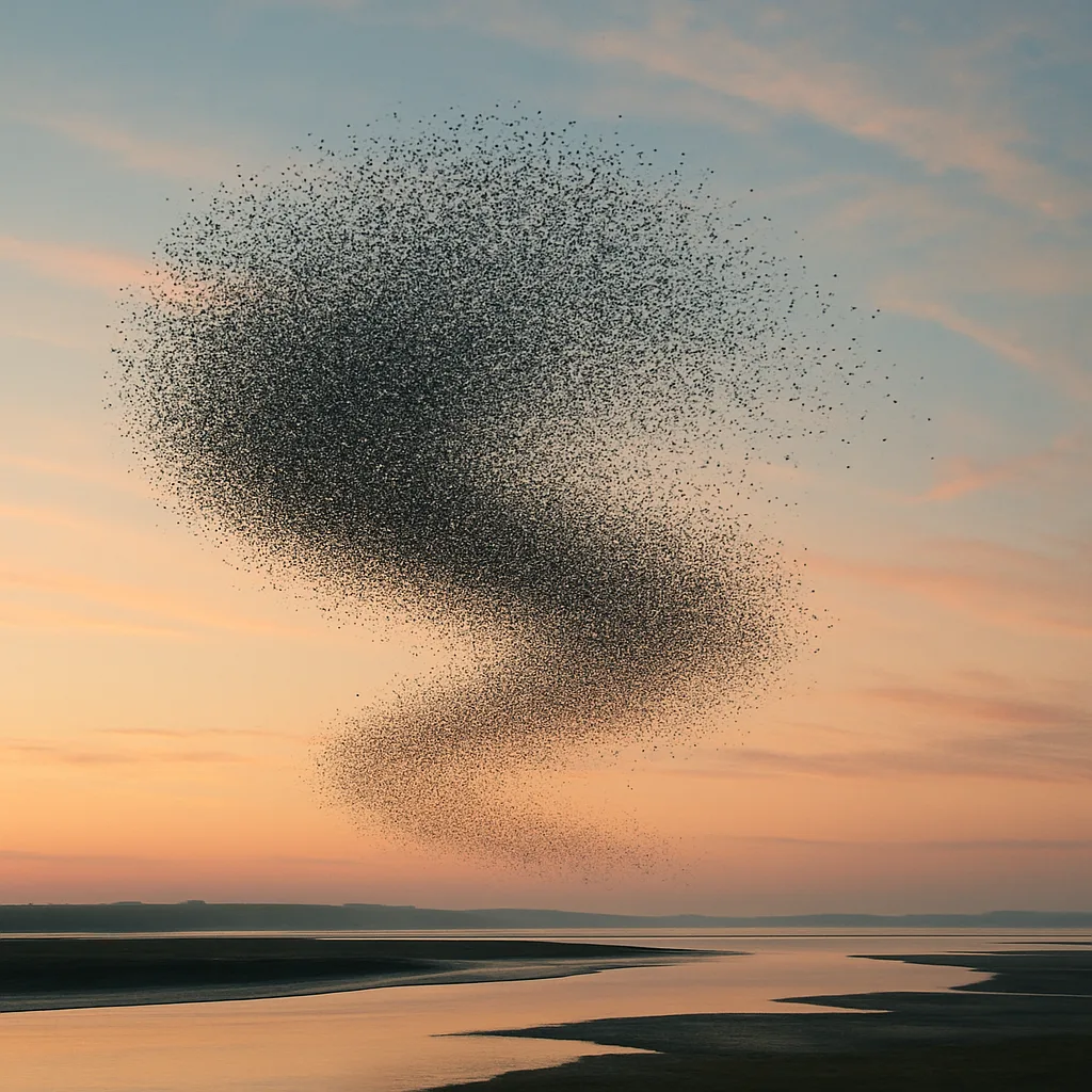 Multitude of Distant Migratory Birds Forms a Swirling Dark Cloud