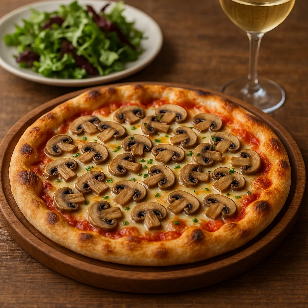 Freshly Baked Mushroom Pizza on a Wooden Tray