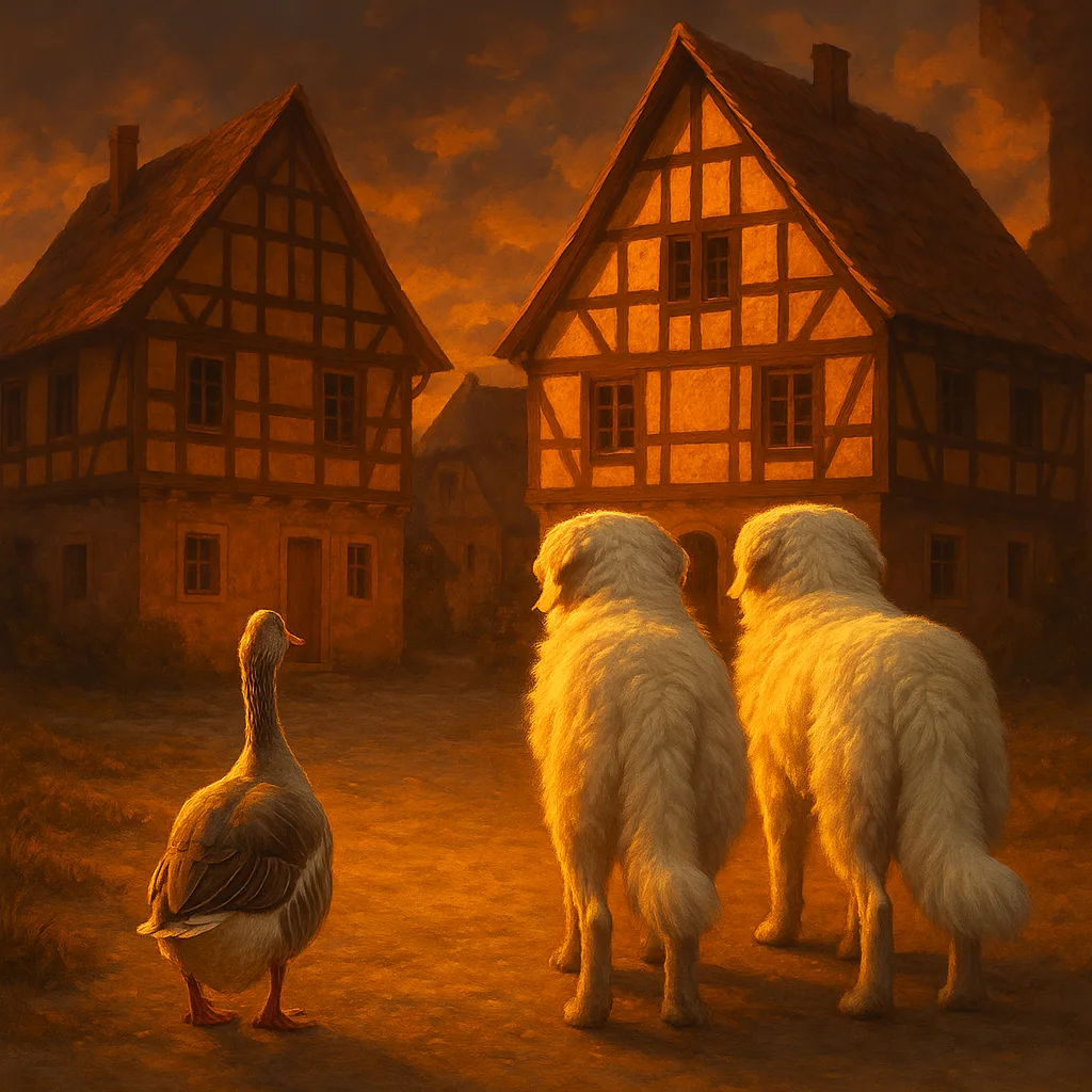 Goose and Kuvasz Dogs Approach Timber-framed Houses