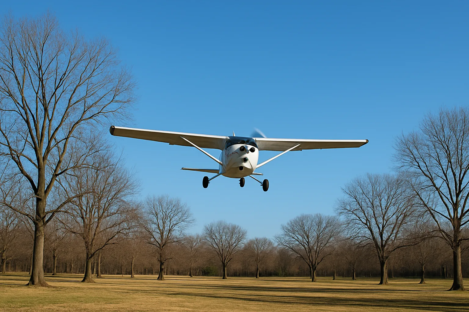 White Propeller Plane Flies Low over a Park