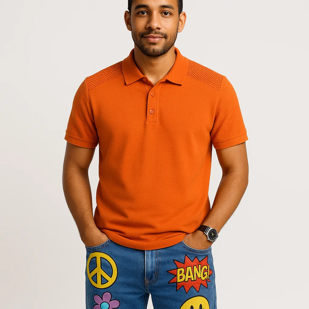 Man Wearing an Orange Polo Shirt with Patterned Shoulder Details