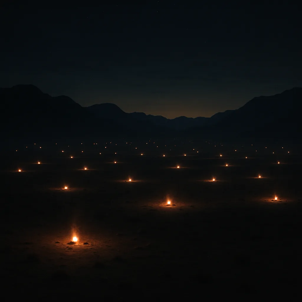 Numerous Distant Campfires Flicker Like Scattered Stars Across a Vast