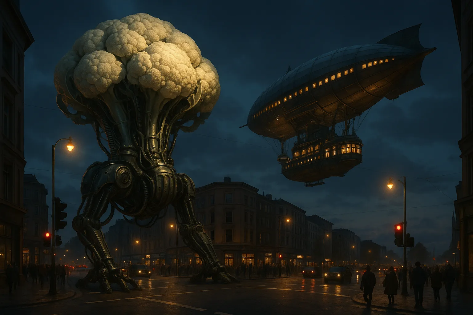 Colossal Bio-mechanical Cauliflower and Victorian Sci-fi Airliner Loom
