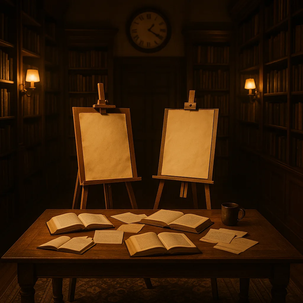 Two Wooden Easels Display Individual Sheets of Pale Yellow Parchment