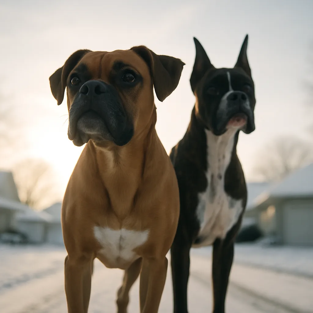 Fawn Boxer with Natural Floppy Ears Stands Slightly Ahead