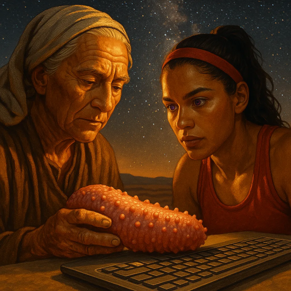 Ancient Non-binary Scholar and a Violet-eyed Latina Athlete Intently Examine