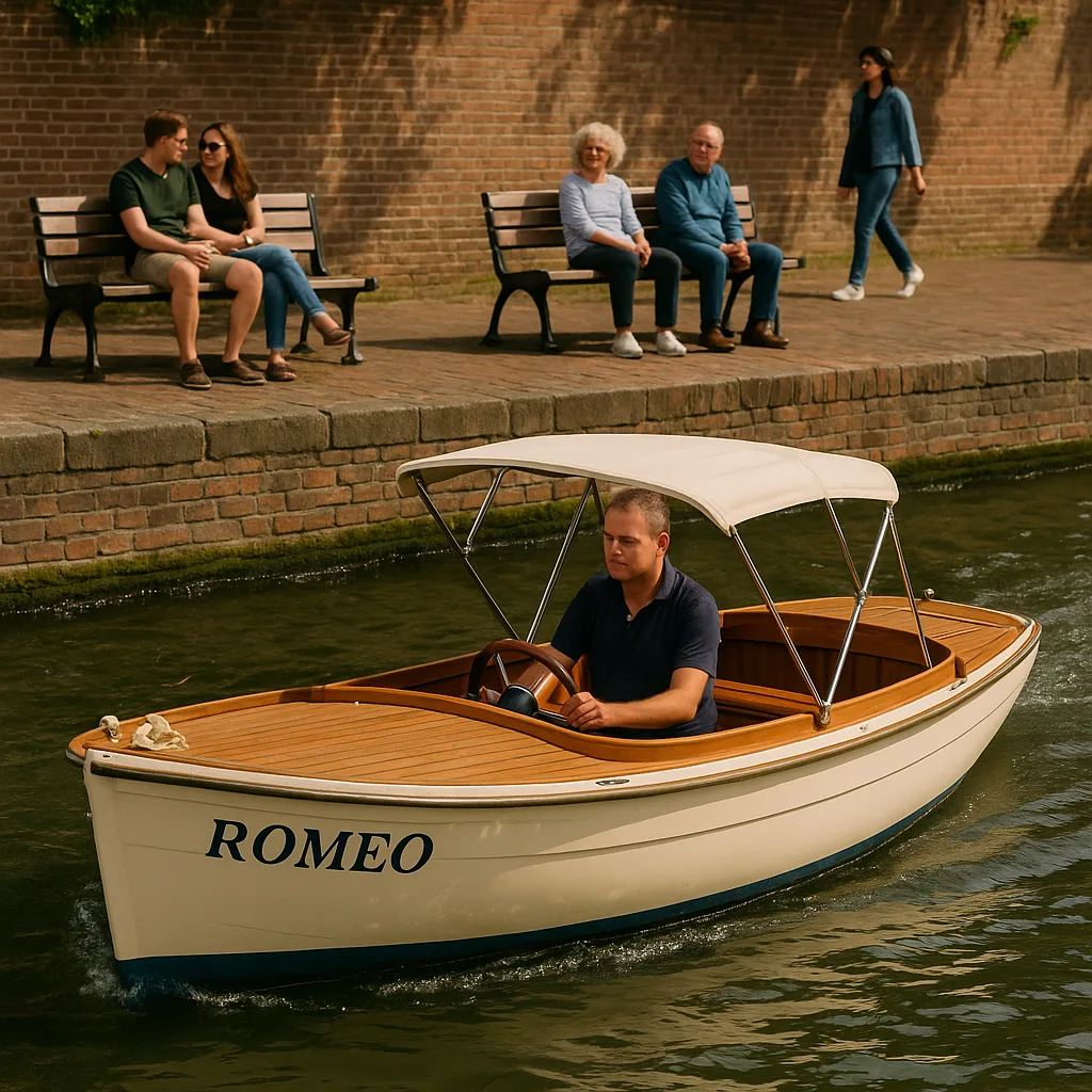 Small Boat Named "Romeo" Navigates a Canal