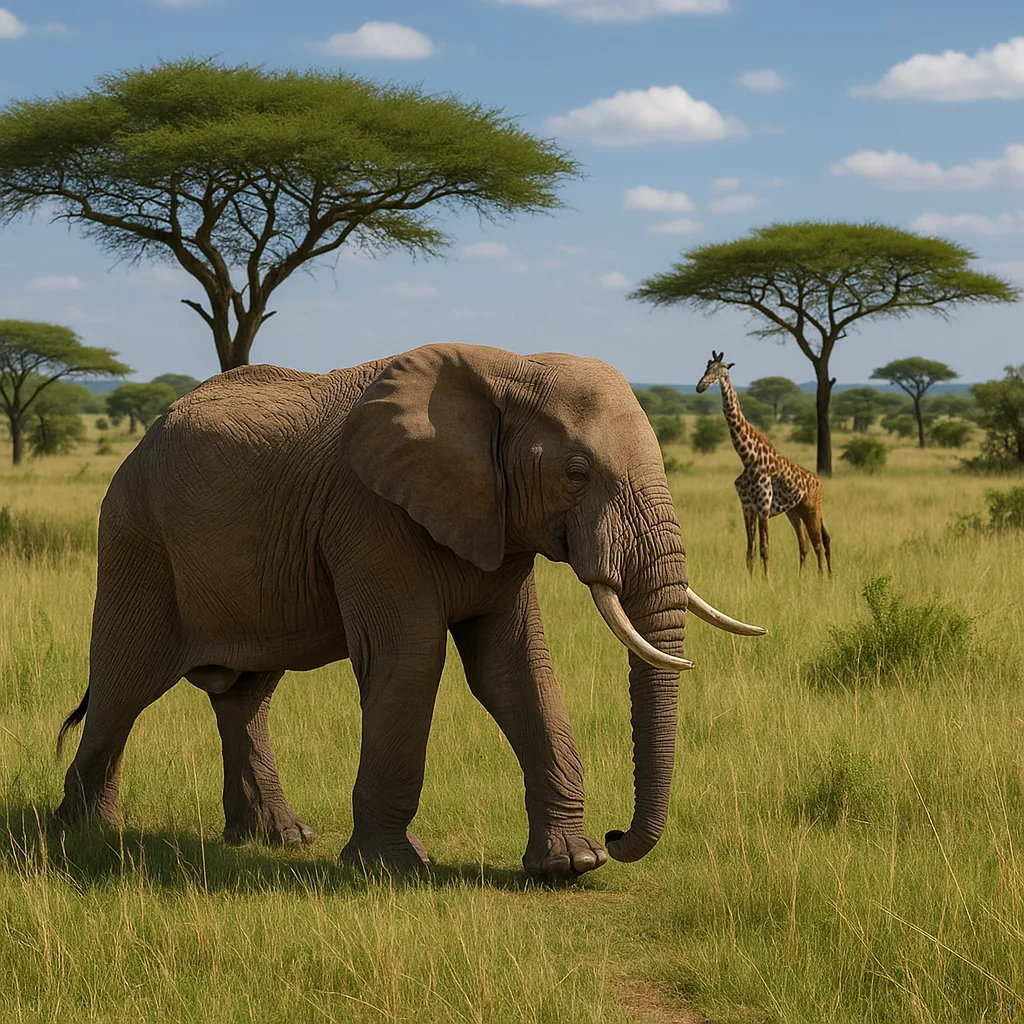 Elephant Walking Through a Grassy Savanna with Acacia Trees