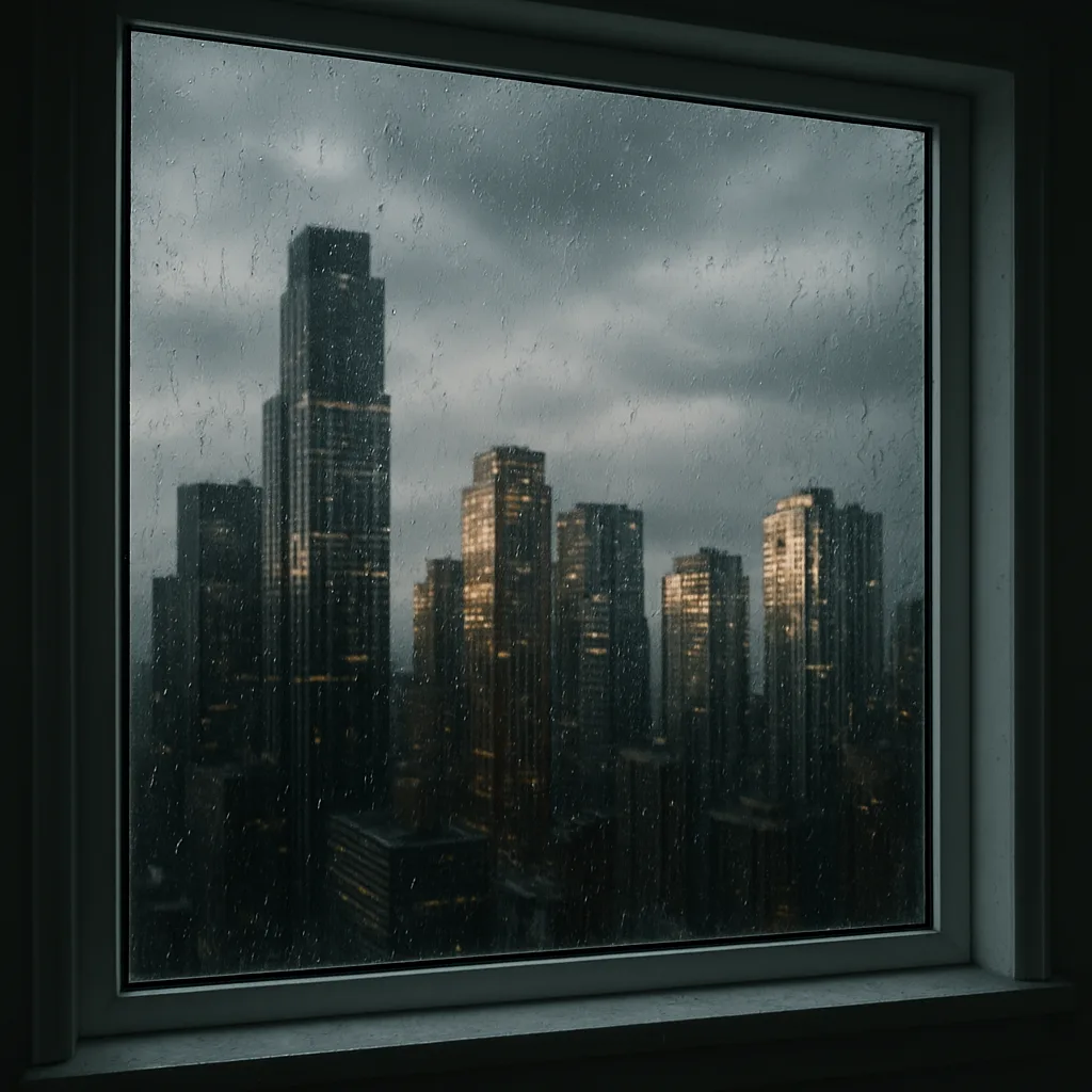 Rain-speckled Glass Offers a Distorted View of a Sprawling Cityscape