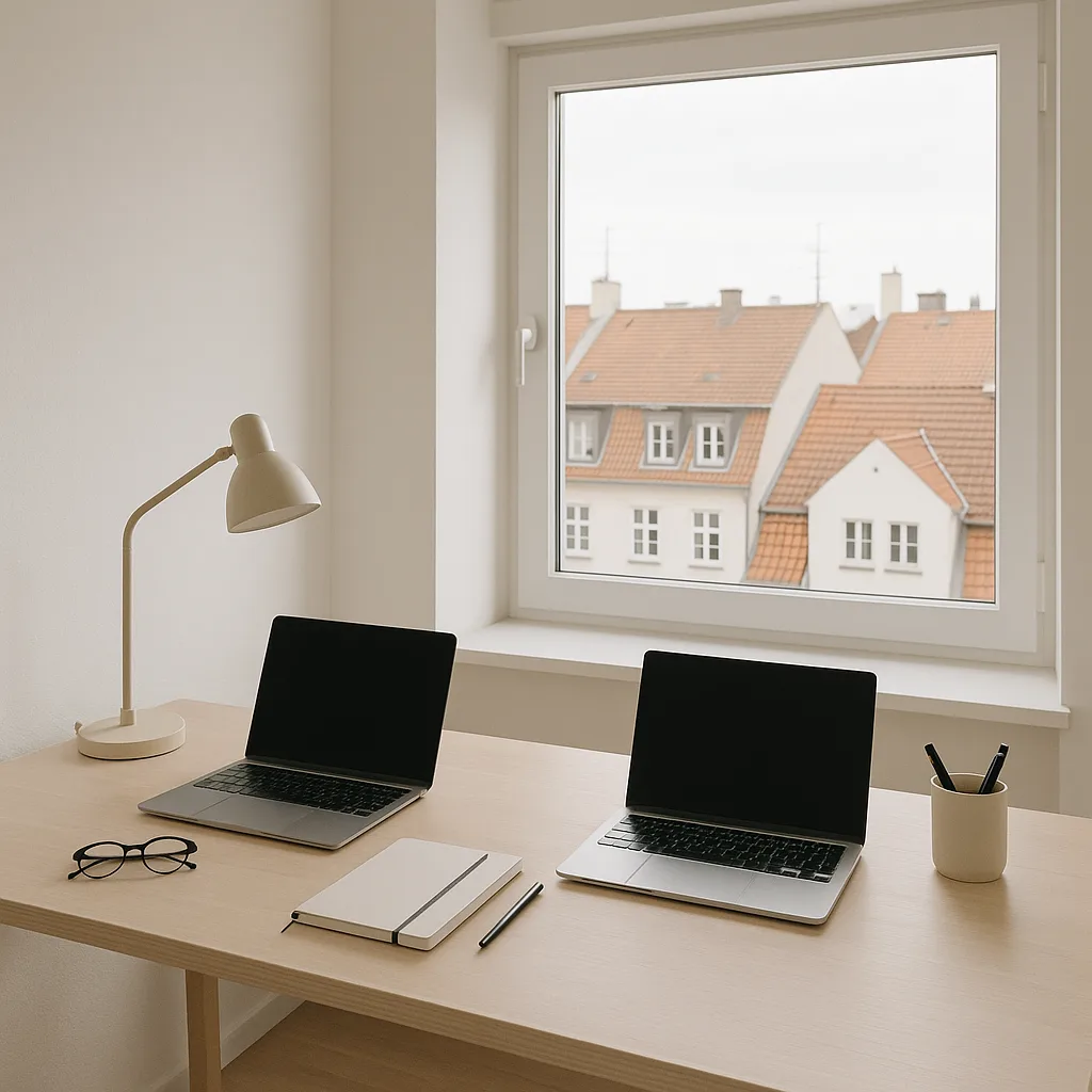 Minimalistic Office Space with a Desk Featuring Laptops