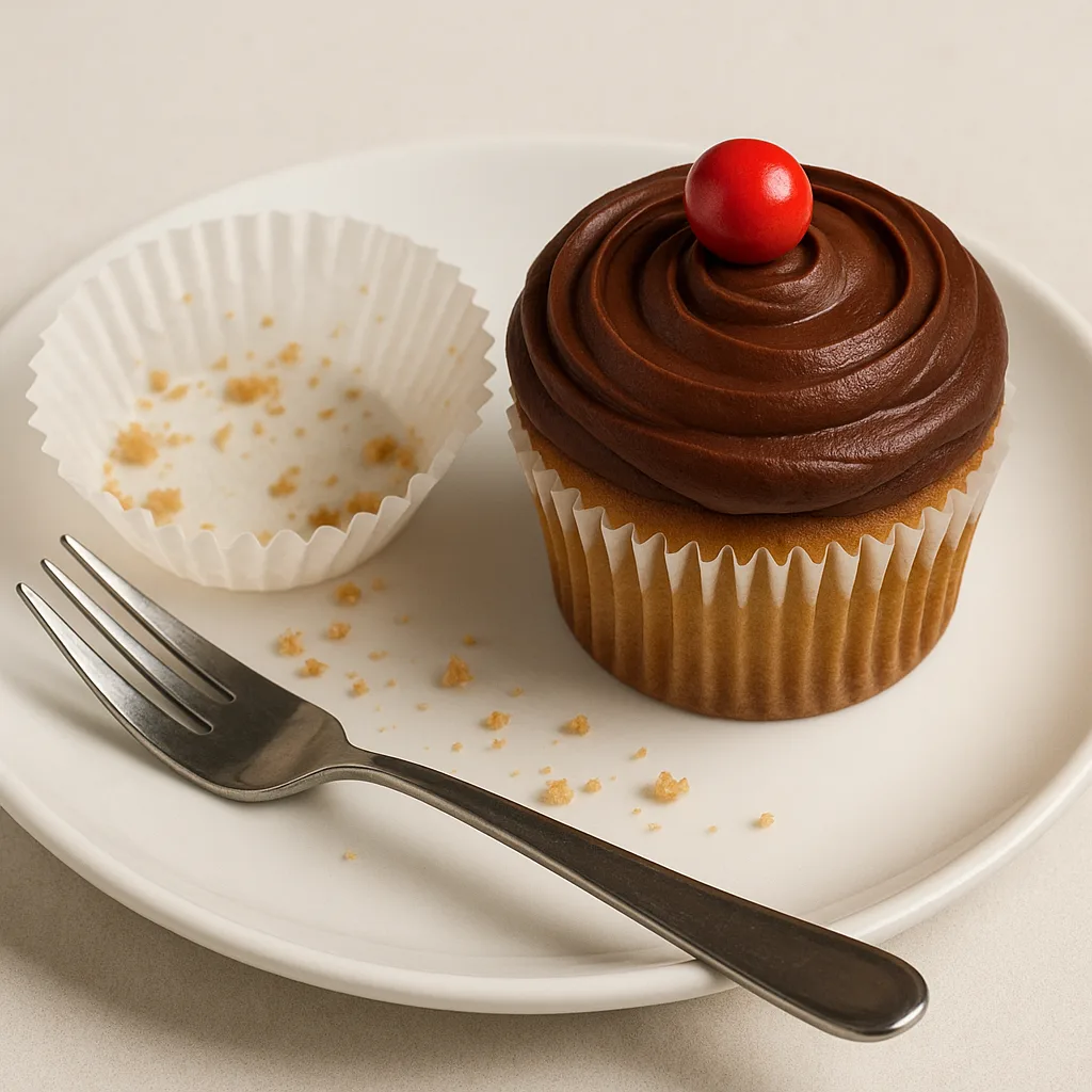 Chocolate-frosted Vanilla Cupcake with a Red Candy on Top
