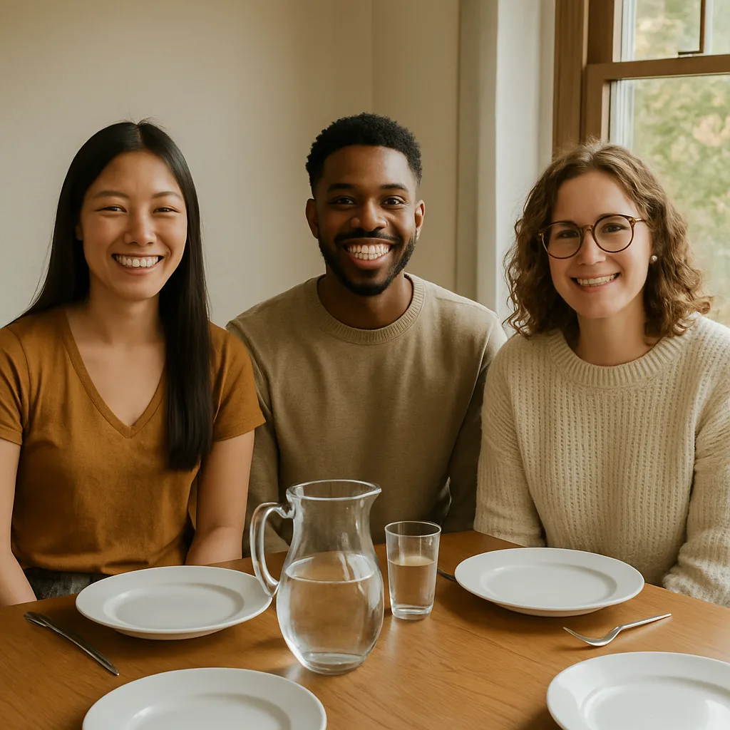 Three Individuals Sitting at a Table with Plates