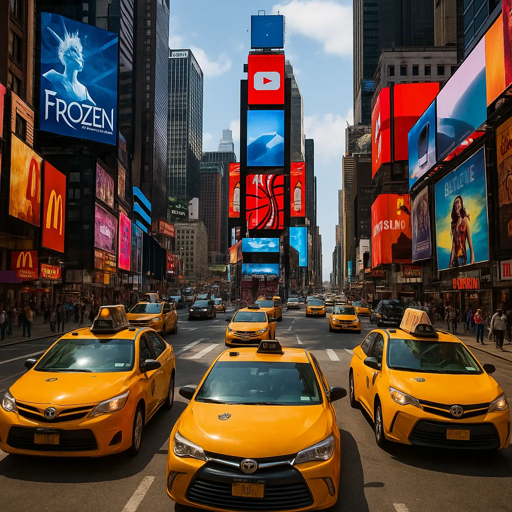 Busy Urban Street in Times Square with Yellow Taxis
