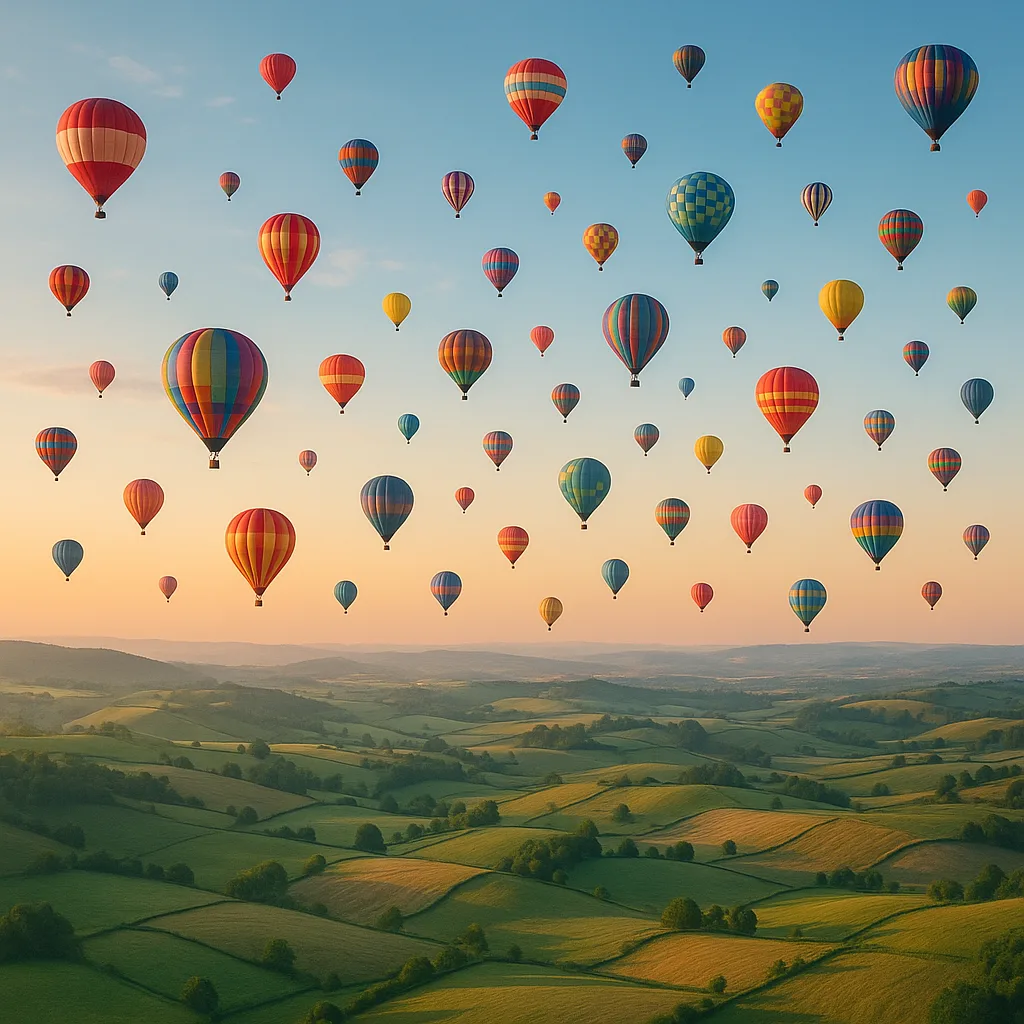 Dozens of Colorful Hot Air Balloons Drift Serenely