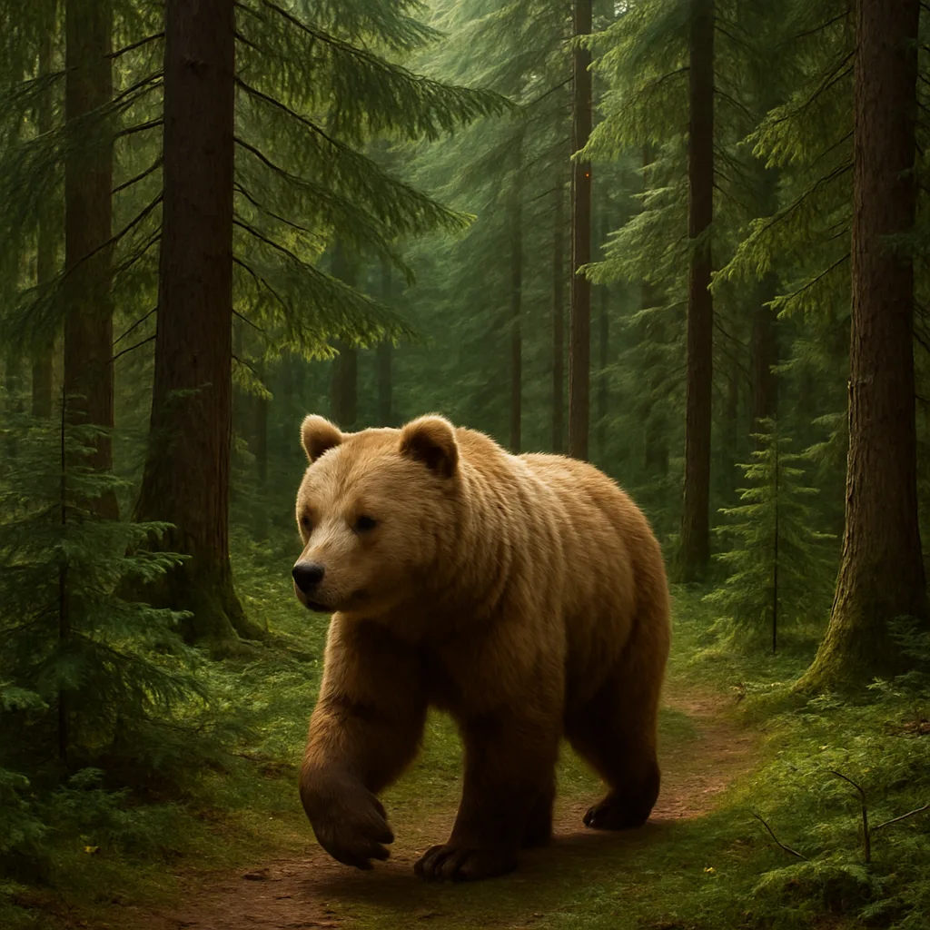 Brownish Bear Ambling Through a Forest of Majestic