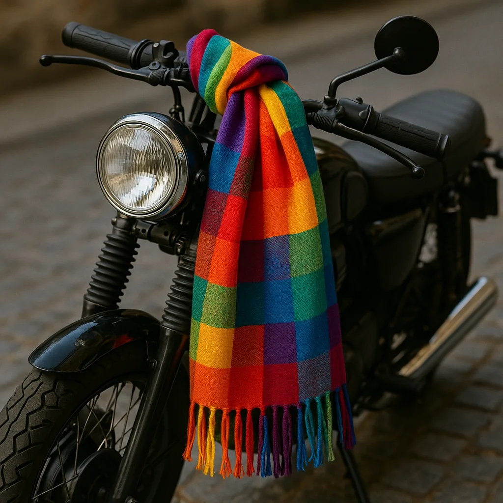 Vibrant Scarf Placed Beside a Stationary Motorcycle