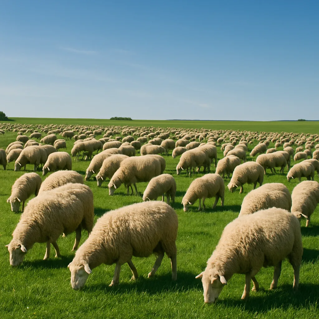 Vast Group of Sheep Feeding on Vibrant Green Grass