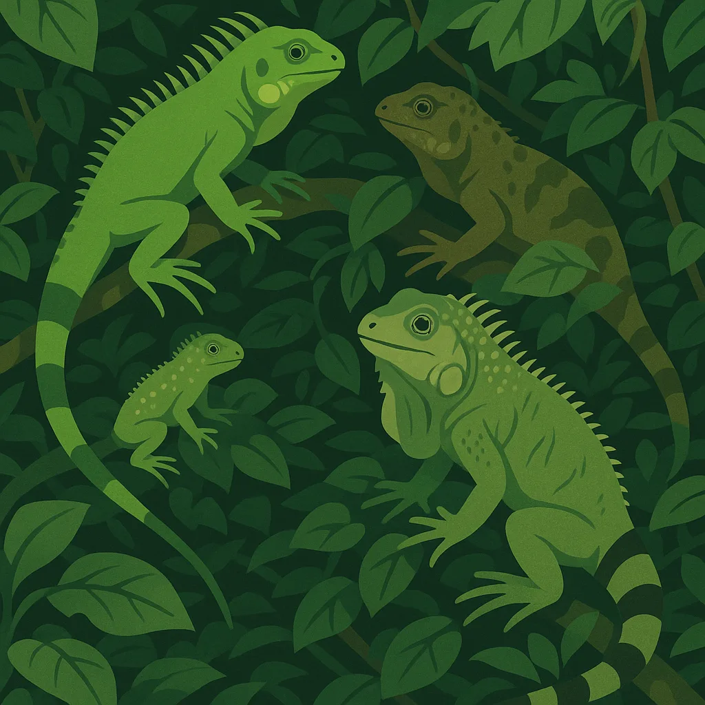 Four Distinct Common Iguanas Inhabit the Dense Tropical Rainforest Canopy