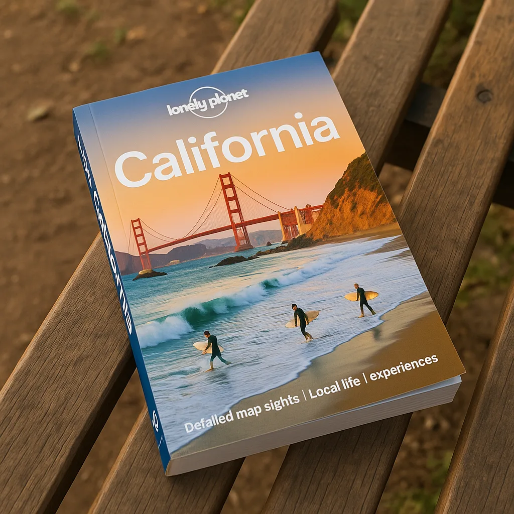 Lonely Planet "California" Guidebook Resting on a Wooden Bench
