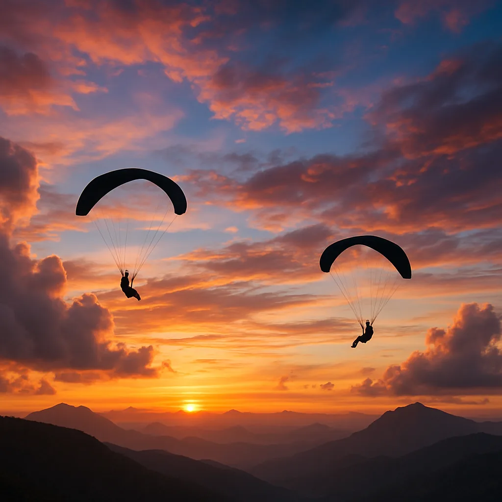 Scenic Sky with Two Paragliders Flying Amidst Clouds During Sunset
