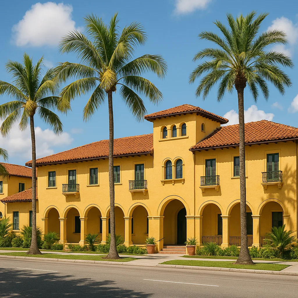 Large Yellow Mediterranean-style Building with Tiled Roofs