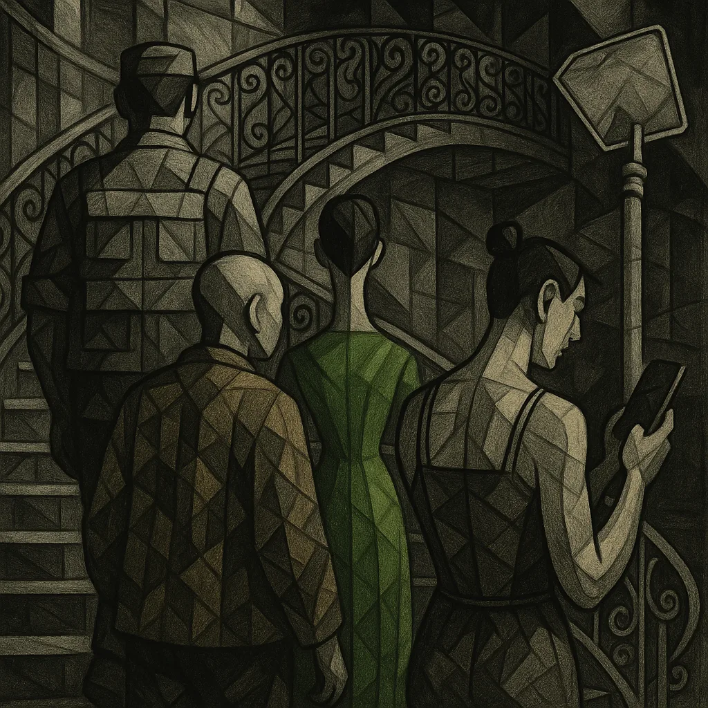 Four Figures Ascend an Ornate Spiral Staircase Towards a Mezzanine