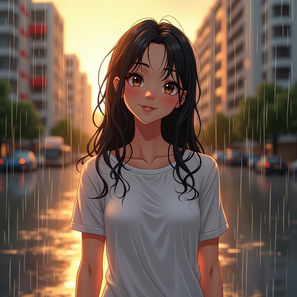 Smiling Girl Savoring Warm Summer Rain