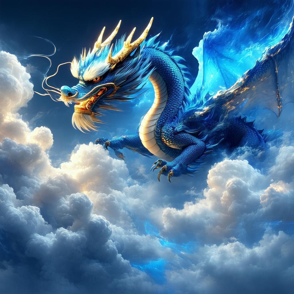 Blue Dragon Soaring Through Ethereal Clouds