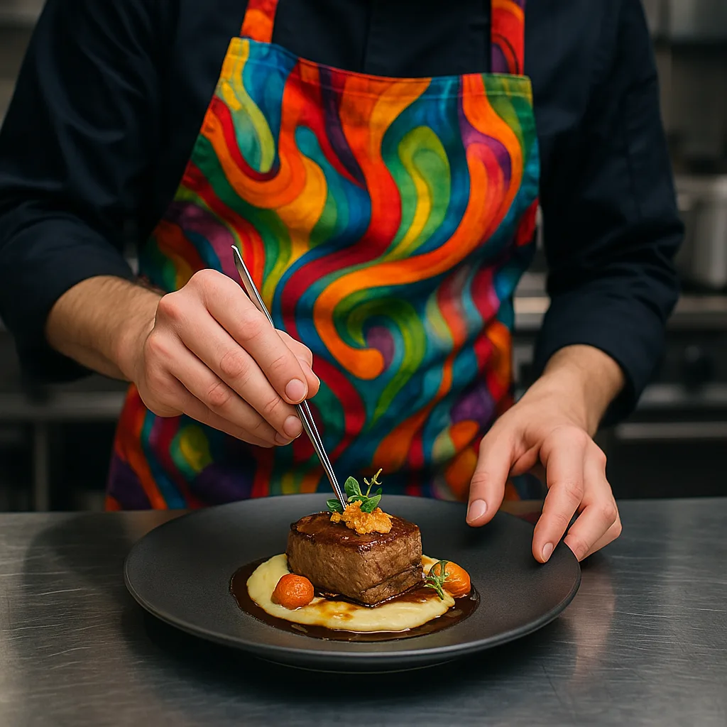 Someone Dressed in a Vibrant Apron Is Crafting a Gourmet