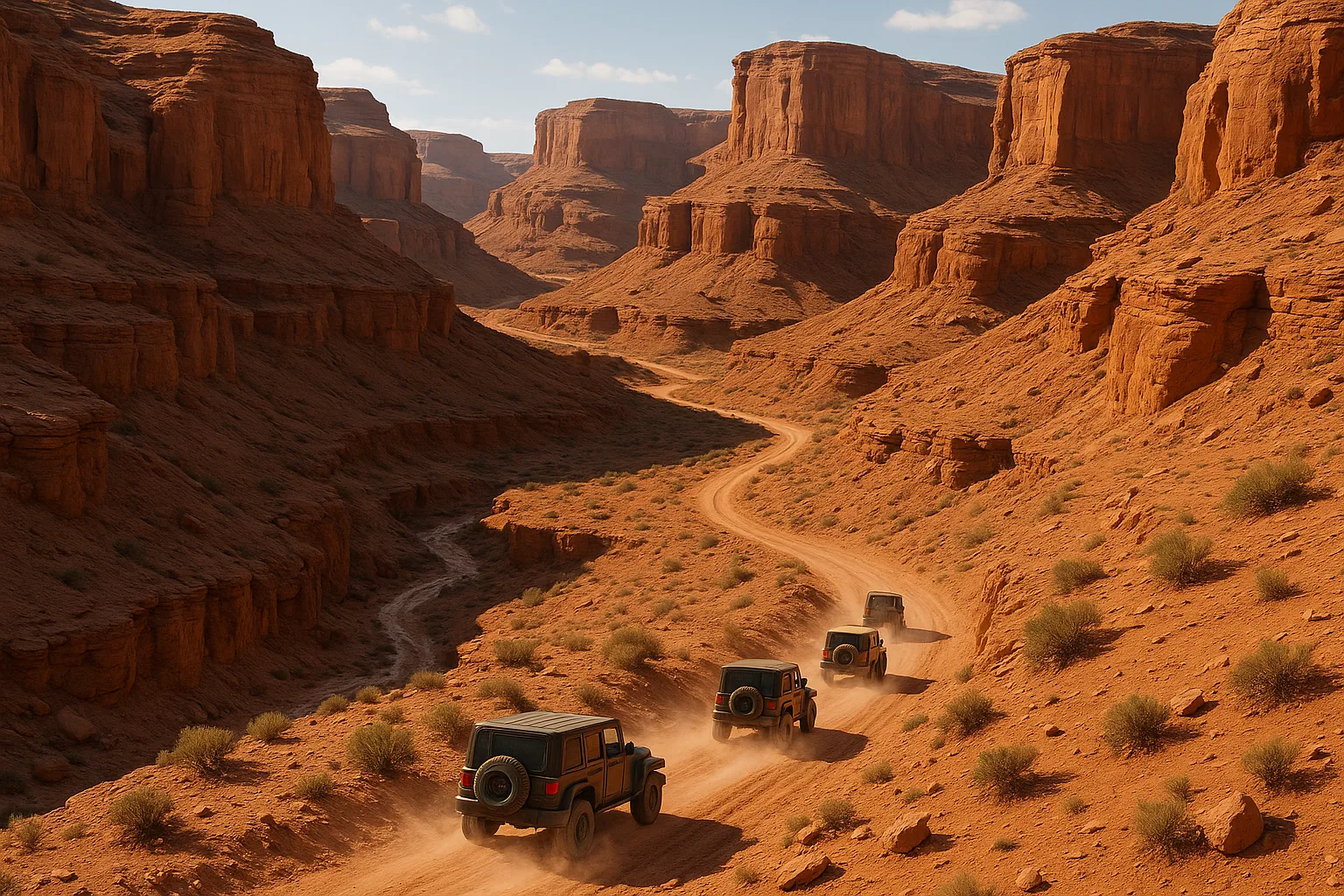 Small Convoy of Rugged Jeeps Kicks Up Faint Dust Trails