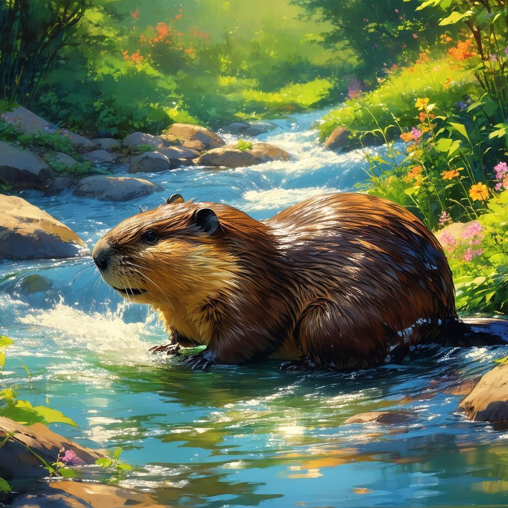Serene Anime Beaver in Golden River
