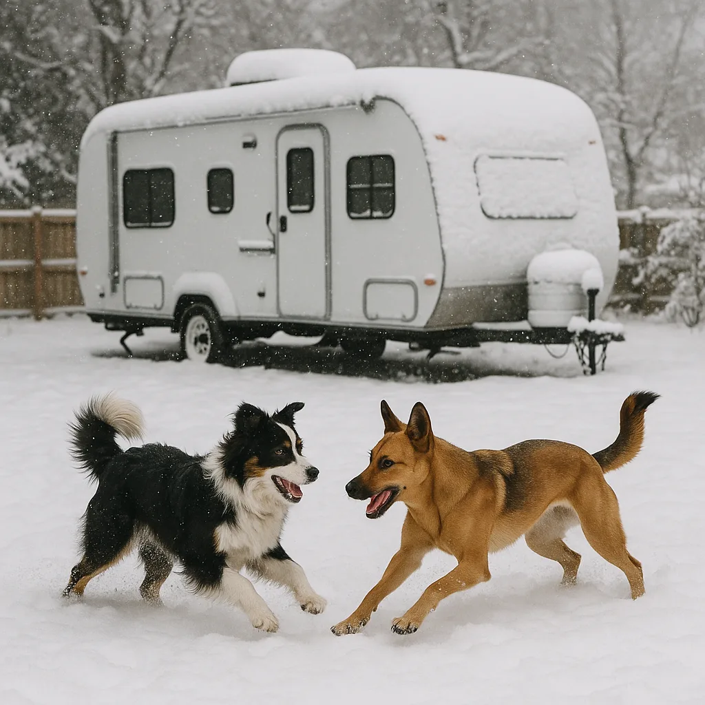 Two Dogs Playing in a Snow-covered Yard