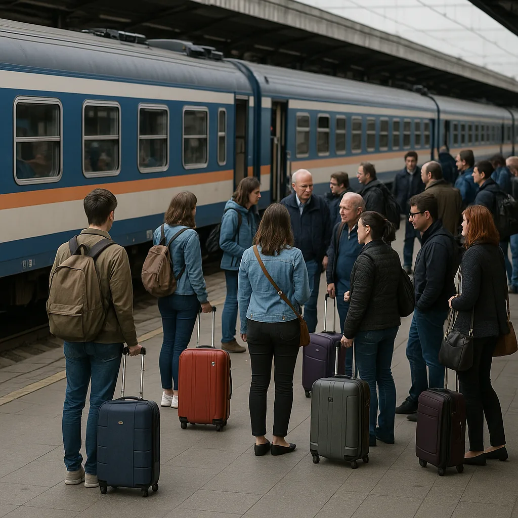 Passengers and Luggage Gathered on a Train Platform