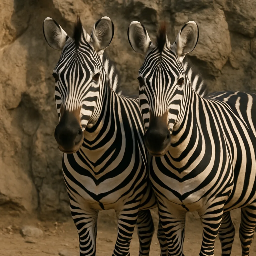 Two Zebras Standing Side by Side with Striped Patterns Visible