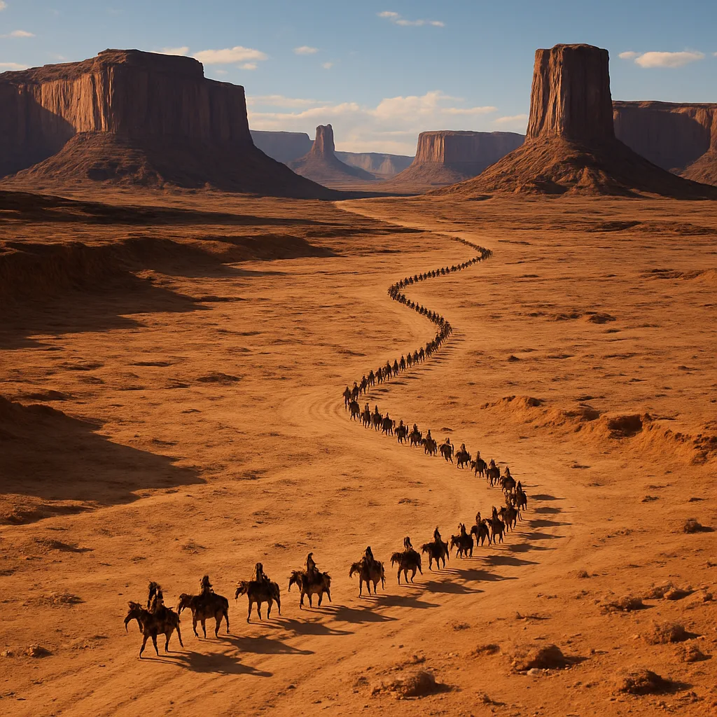 Long Line of Numerous Tiny Figures on Horseback Snakes