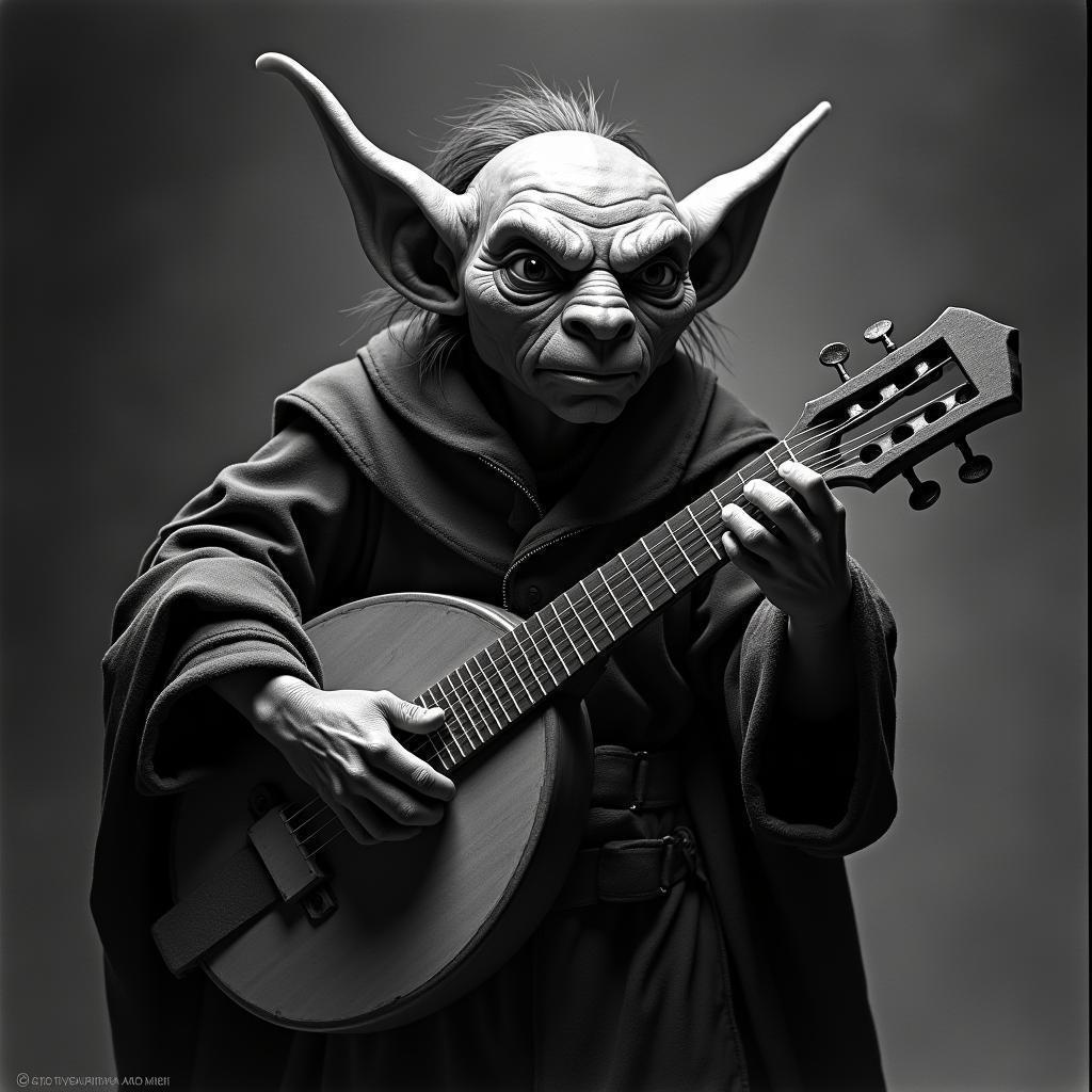 Goblin Bard With Lute on Grainy Film