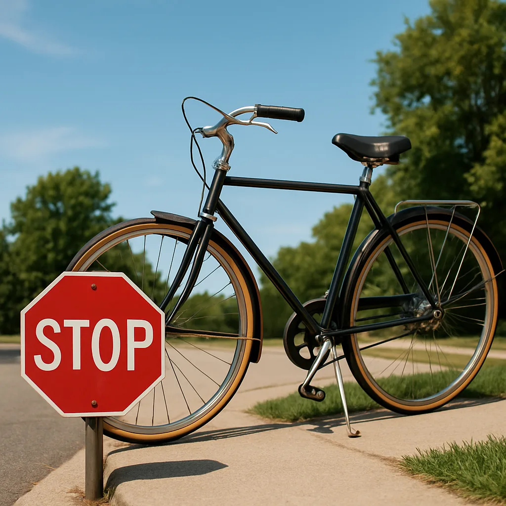 Picture Showcasing a Bike Placed Next to a Stop Sign