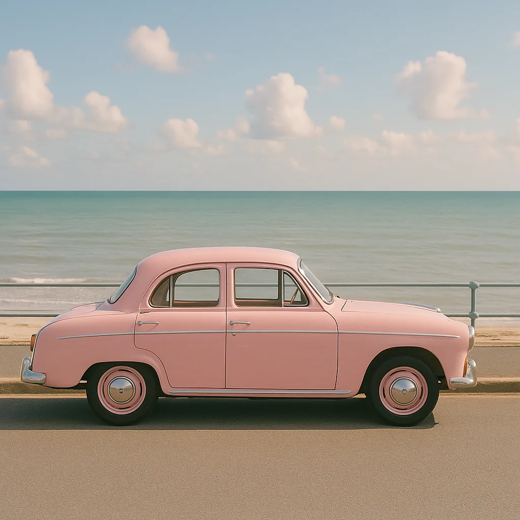 Retro Car in Pastel Pink Parked near the Oceanfront