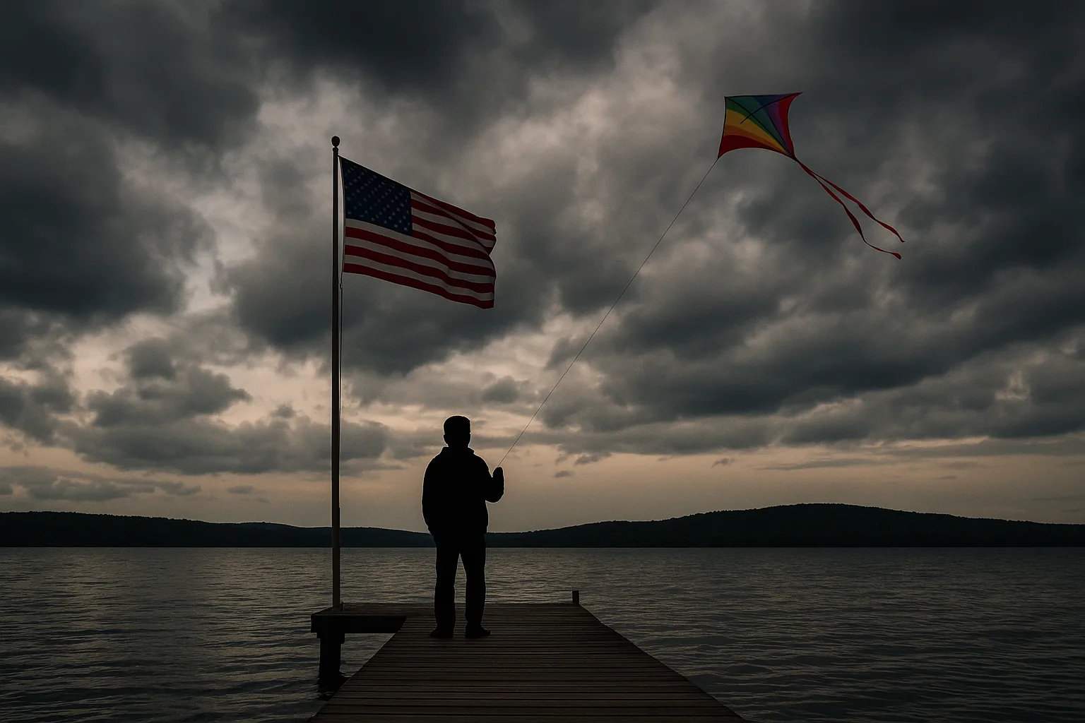 Lakeside Dock with an American Flag