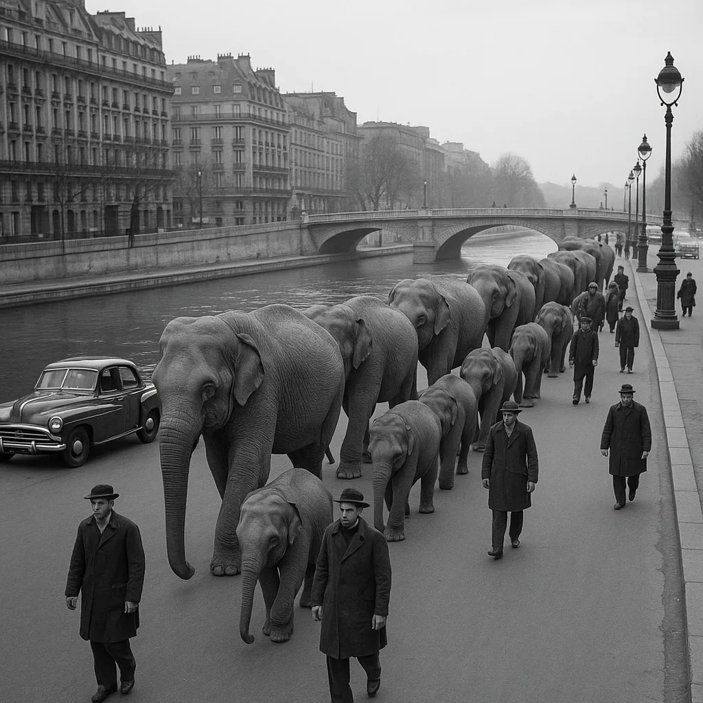 Line of Elephants Parades Down a City Street