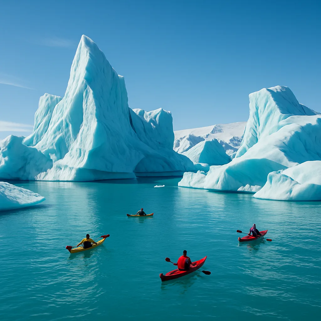 Few Tiny Kayakers Paddle Amongst Colossal Icebergs in a Vast