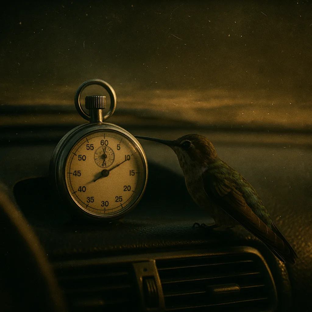 Hummingbird Studies a Stopwatch on a Passenger Car's Dashboard