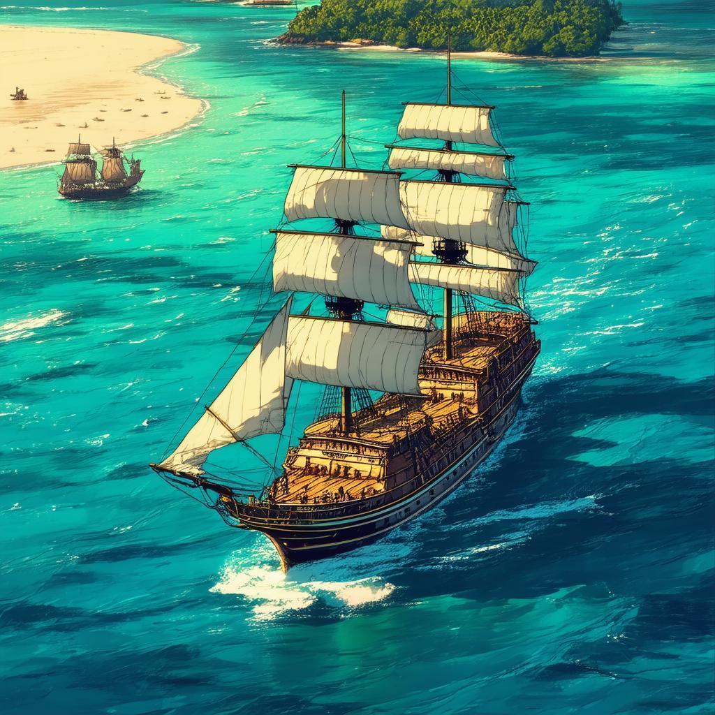 Herge Style Pirate Ship Near Tropical Island